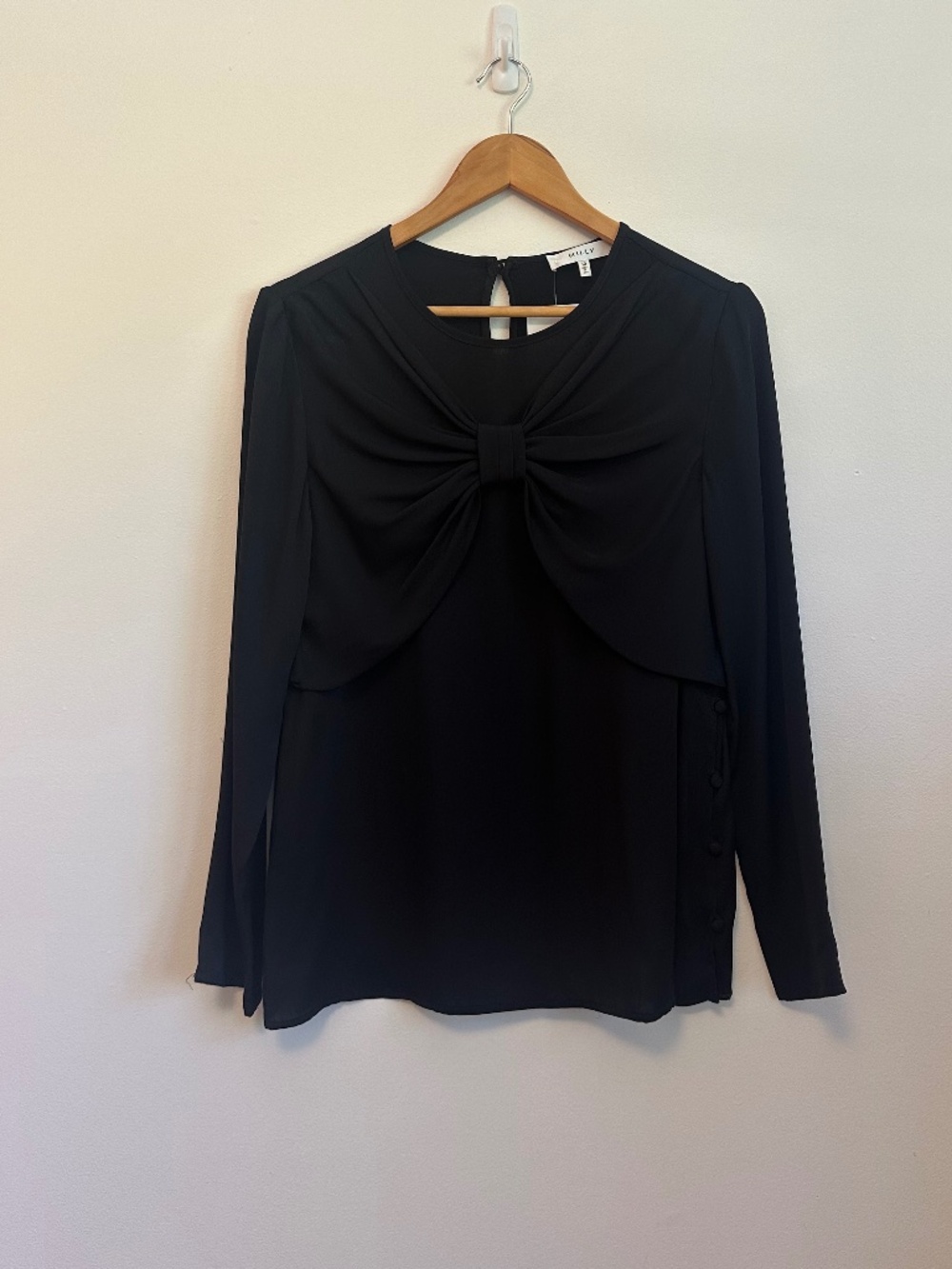 Milly Bow Front Side Button Silk Blouse in Black | Size 10